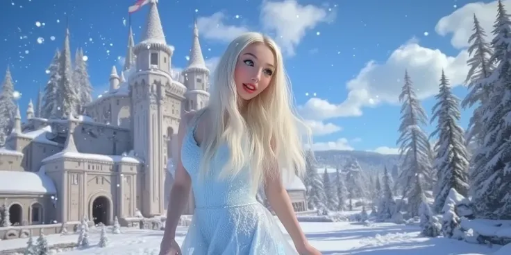 a lovely snow elf (cute, ae 22, pale skin, pale hair, ice blue eyes, delicate dress made of frost and sparkling ice, slippers of delicate ice), she is wandering through an ice crystal replica of a medieval city, winter wonderland, sun sparkling trough ice