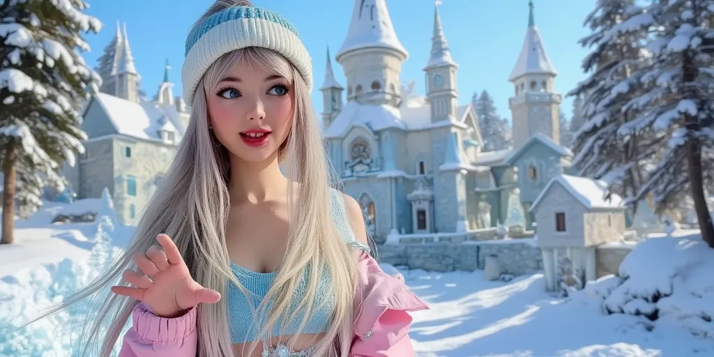 a lovely snow elf (cute, ae 22, pale skin, pale hair, ice blue eyes, delicate dress made of frost and sparkling ice, slippers of delicate ice), she is wandering through an ice crystal replica of a medieval city, winter wonderland, sun sparkling trough ice