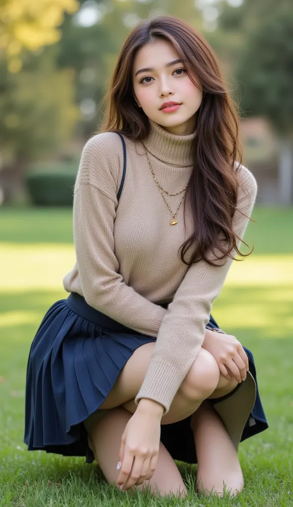 23-year-old woman, long dark blond wavy hair、Beige turtleneck sweater, plump nipples from toe to foot、long dark blue pleated skirt,Medium Milk, cute smile up to the knee、(slouching forward to highlight chest)、、Beautiful Necklace、 black high heels、sexy lace...