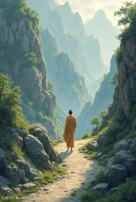 from the top of the mountain we see Buddha walking along a mountain path below