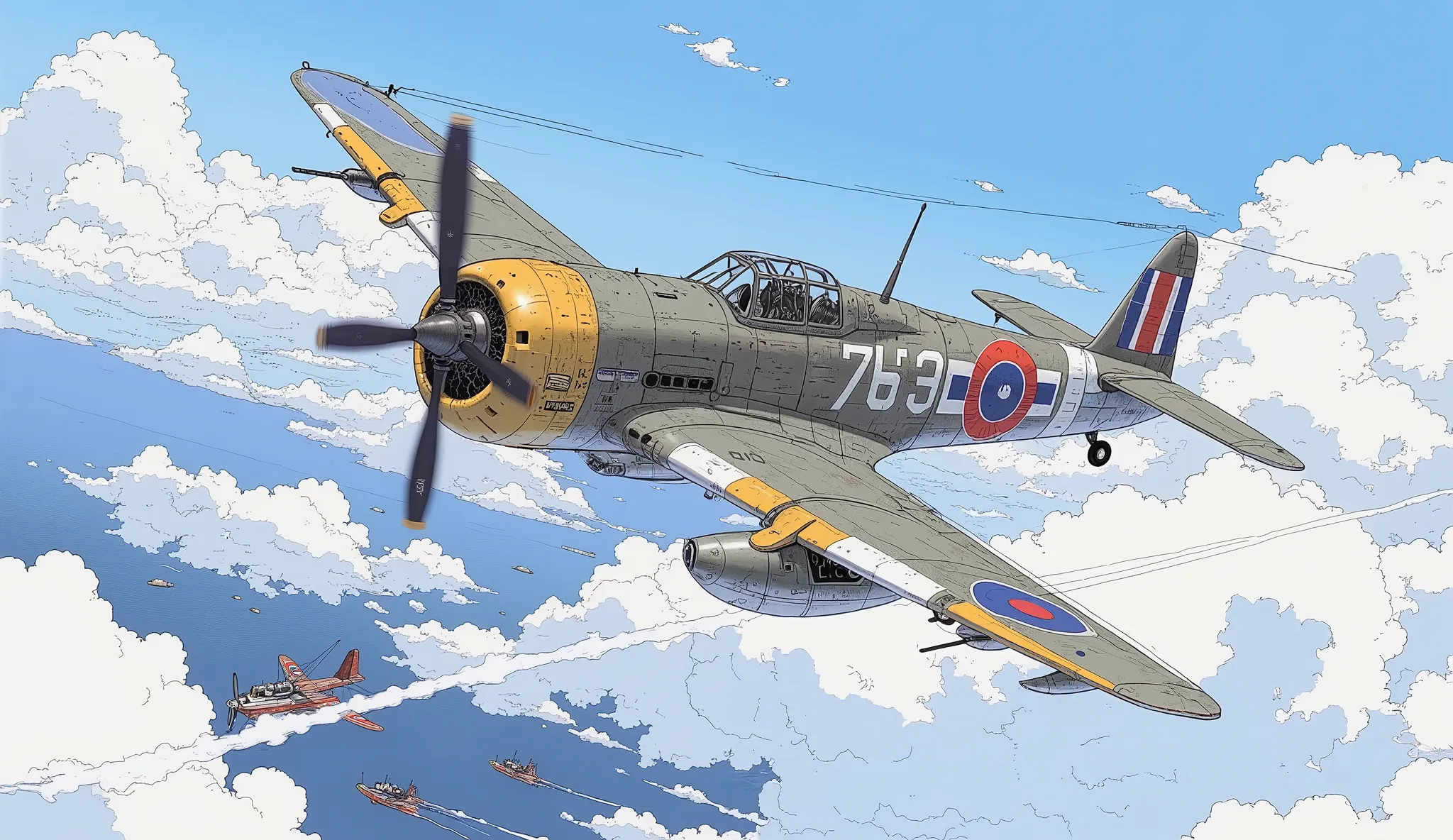 British custom fighter during World War II, by Kamisaka Sekka, and paul robertson, by Yoshihiko Wada, Kamisaka Yukika with an image of mid,  kashart kentz , Yoshida Akihiko , full color illustration, It's circling in the sky、Cut through the clouds、The flee...