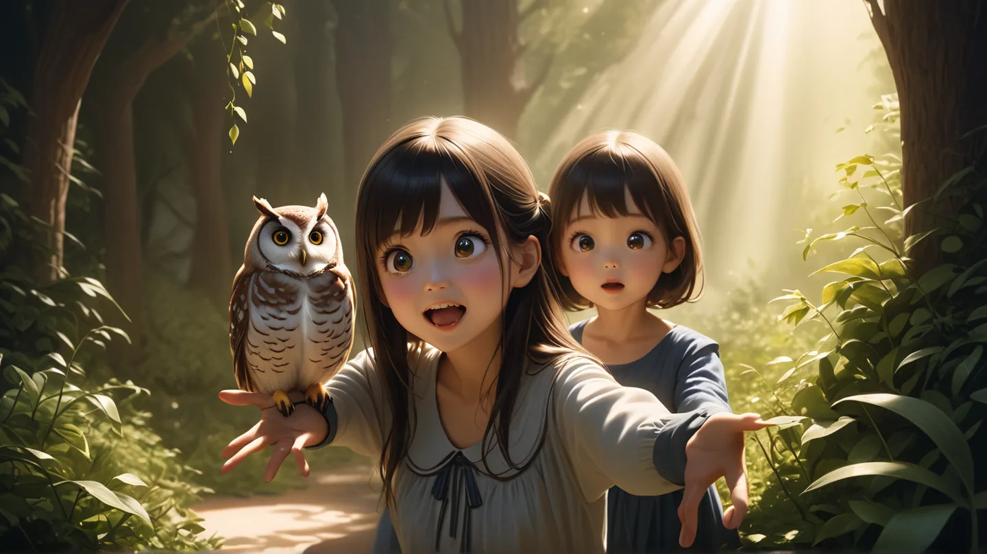 An owl rides on a girl's arm and looks at the camera、The girls were surprised too、chest、cute