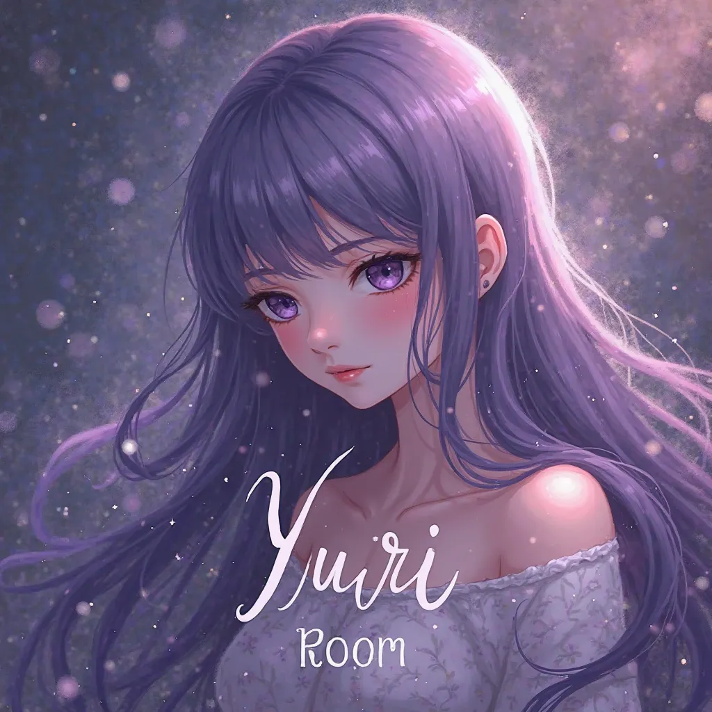 Generate me a cover of an online game voiceroom with  the name "YURI ROOM" ,girl with long hair background and purple  text