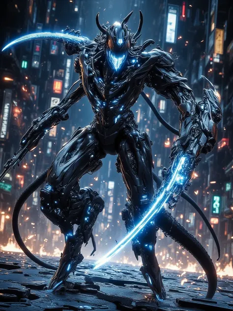 A menacing AI-controlled assassin, built for absolute precision and brutality. Its body is composed of black carbon fiber plating with glowing blue joints, allowing for seamless, near-instant movement. Its right arm transforms into a high-frequency blade, ...