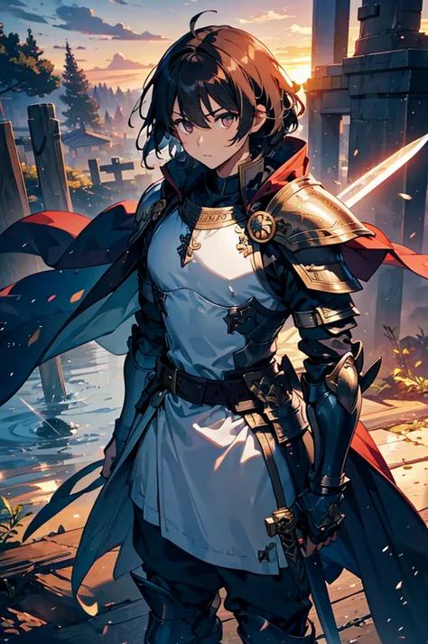 Beautiful photo-like sunset background man１people々、（short darkbrown hair, Knight, paladin,beautiful detailed armor dress, gauntlet, capelet, Shin guards,breastplate, Cuff,  full armor , Sacred, sword,  gray eyes, bangs, short Hair, short,  disheveled hair）...