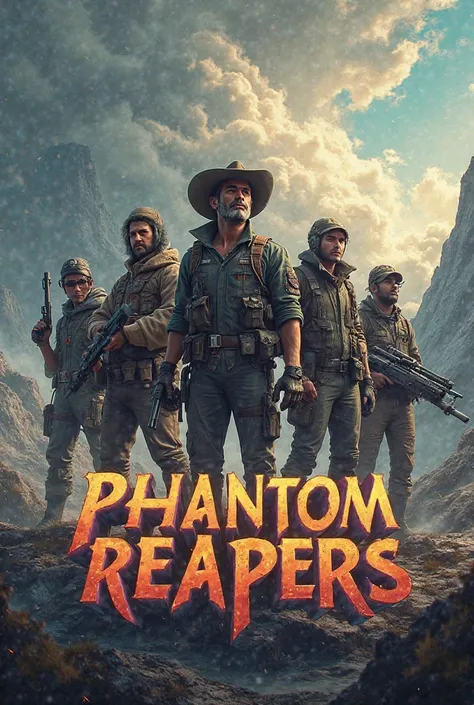 Create a picture that will be a gaming profile pic and it will have a squad with songs in their hands and the picture should be adventure with the word Phantom Reapers written nicely on the picture.