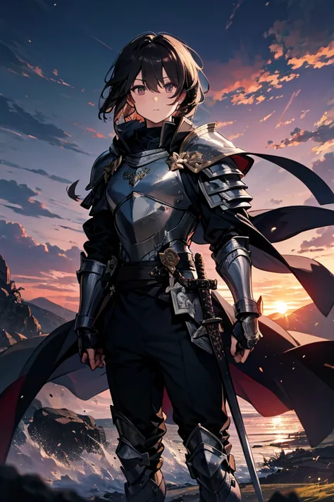 Beautiful photo-like sunset background man１people々、（short darkbrown hair, Knight, paladin,beautiful detailed armor dress, gauntlet, capelet, Shin guards,breastplate, Cuff,  full armor , Sacred, sword,  gray eyes, bangs, short Hair, short,  disheveled hair）...