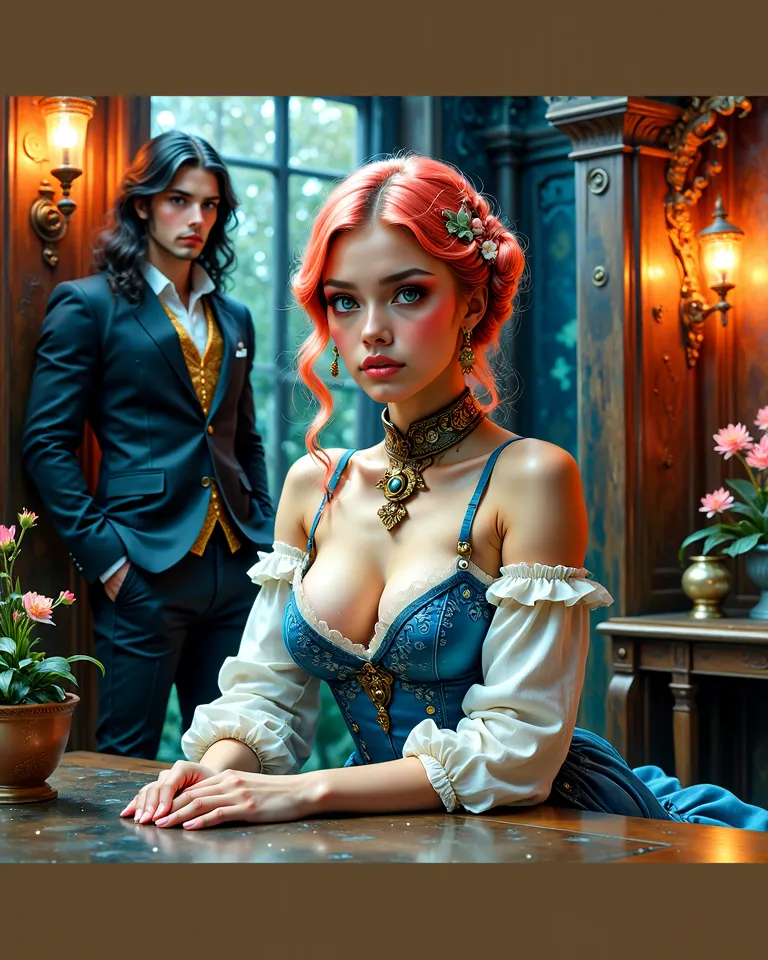 FOR passionate BOOKCOVER, look at me!  magical fantasy world ,  book cover ,  IN THE CENTER AN 18-YEAR-OLD FEMALE STUDENT IN AN ACADEMY DRESS SITS ON A TABLE , IN THE BACKGROUND A very handsome BRUTAL MUSCULAR ARISTOCRAT RECTOR WITH LONG BLACK HAIR STANDS ...