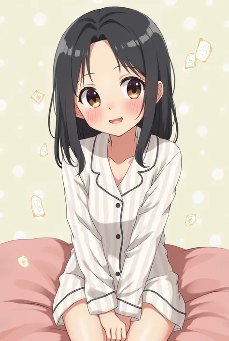 a girl, jitome, double tooth, pale skin.
bangs parted in the cente, medium hair,parted bangs,r with black hair. 
have money,happy, smiling.wink, sitting, Happy Scene,

She is wearing pajamas.
Simple, clean lines and minimal design.