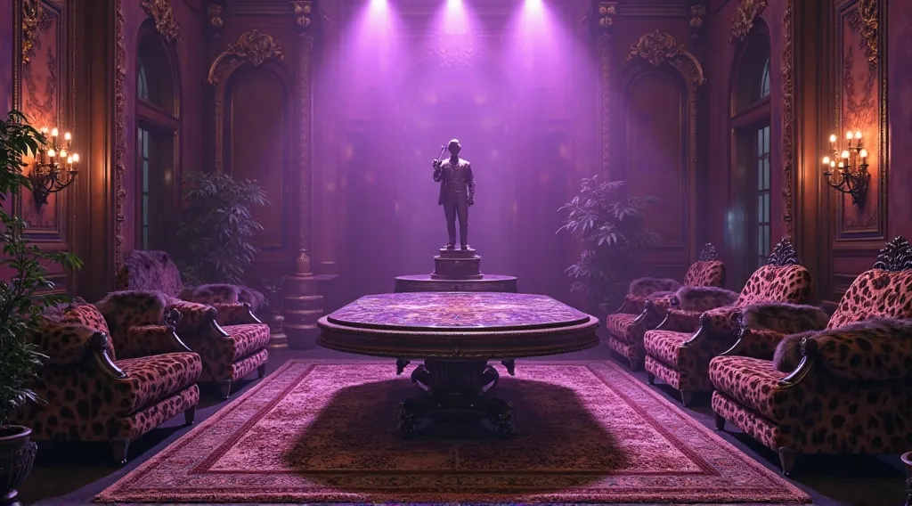 8k 16k Extraordinary　Super Detail　　Inside the Mafia Room　ceiling purple spotlight　No people　Luxurious table　 chair　has tiger fur on it　leopard print bed　A bronze statue of a swordsman is placed