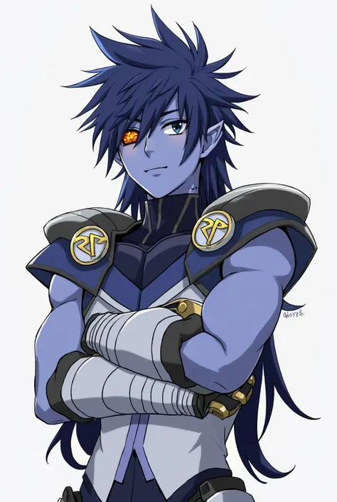 he has long, spiky dark blue hair, has blue skin, is wearing an orange, clear scouter on his right eye, and be has dark blue eyes. he is wearing dark blue and white armor that has shoulder pads on it with a white and gold 'RP' logo on it, dark blue and whi...