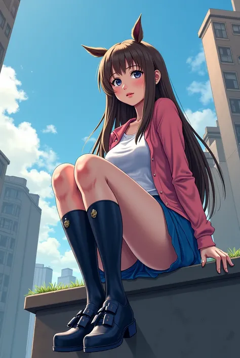 2d, masterpiece, best quality, highly detailed, 1 girl, solo, dw, black eyes, extremely long hair down to the ankles, brown hair, (big breasts: 4) large E cup of size breasts, field, (imminent: 3.3), animal ears, pink jacket, white undershirt, white long s...