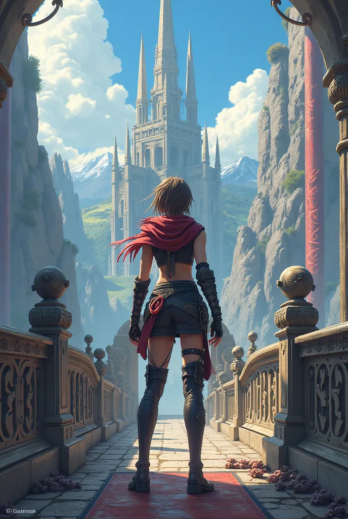 Girl hero like Claude from Final Fantasy standing on the bridge