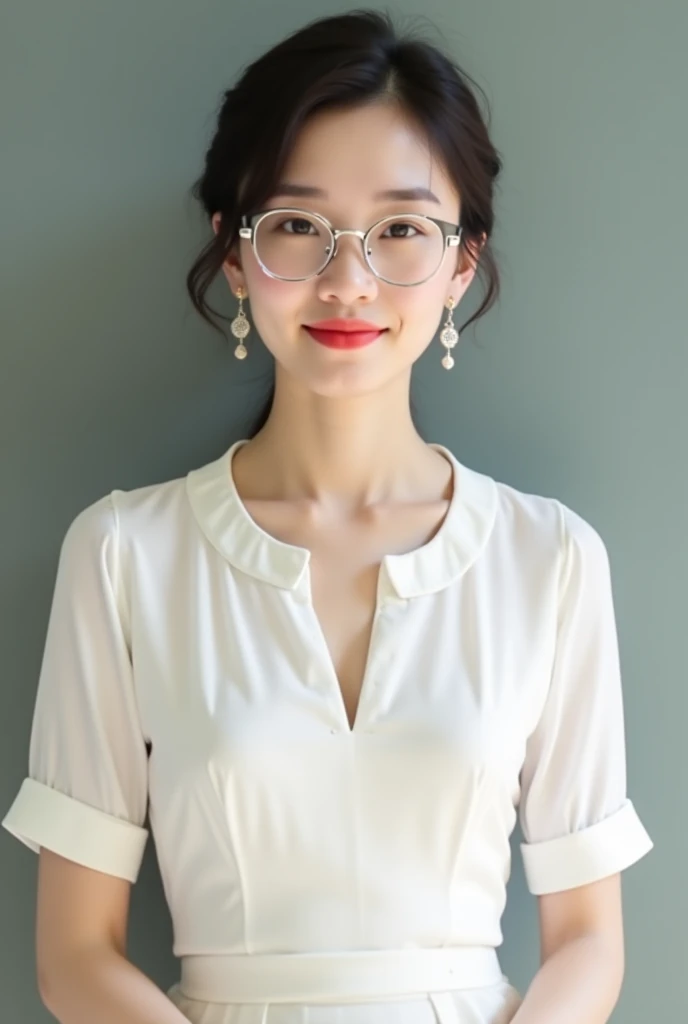 Teacher Li Xiao was still wearing the pair of silver-framed glasses today, but she had on light makeup, a straight nose, rosy lips, and pendants of the same color as her glasses hanging from her ears.

Just looking at her face, one can only say that she is...