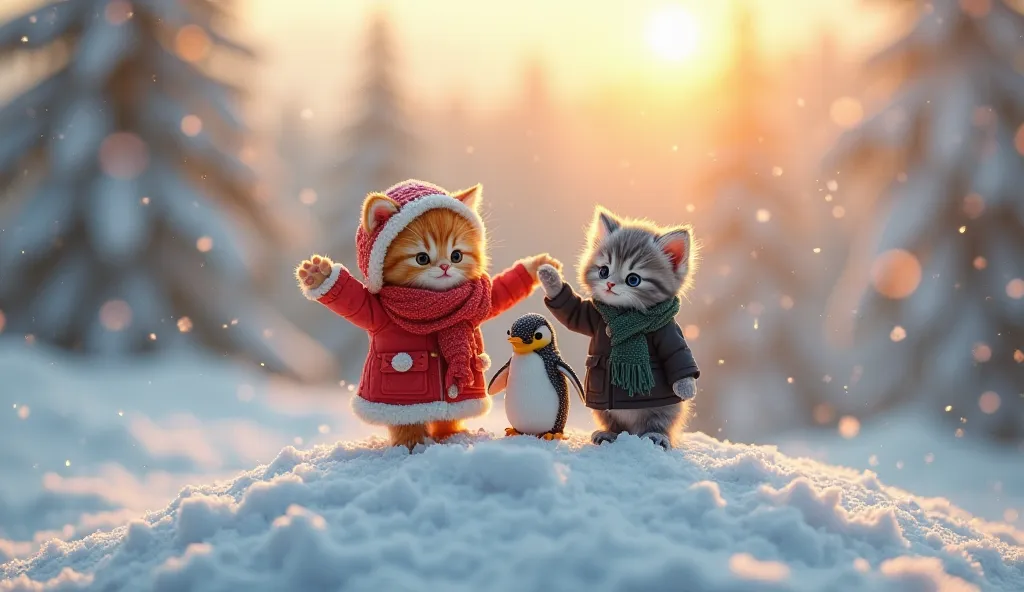 On top of a snow-covered hill, the two tiny kittens stand, waving goodbye. Gingy Meow, the small orange kitten with golden eyes, is wrapped in a snug red scarf and an oversized red winter coat with soft white fur lining. Beside her, the small gray kitten, ...