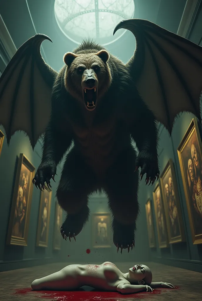 L’ours devenu vampire.

Prompt:

Une scène surréaliste dans une galerie faiblement éclairée remplie d'œuvres d'art étranges, mettant en scène une créature d'un autre monde combinant une tête d'ours avec de grandes ailes, suspendue au-dessus d'un mannequin ...