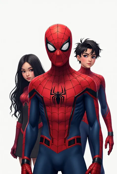 YES BUT THE SECOND IMAGE OF SPIDERMAN PUT HIM IN THE MIDDLE OF THE SUPERHERO GIRL AND SUPERHERO BOY BUT MAKE THE BACKGROUND COMPLETELY WHITE UNDERSTAND? BUT MAKE THE SPIDERMAN LIKE S YOUNGER AND MAKE THE GIRL AND BOY HAVE BLACK HAIR 