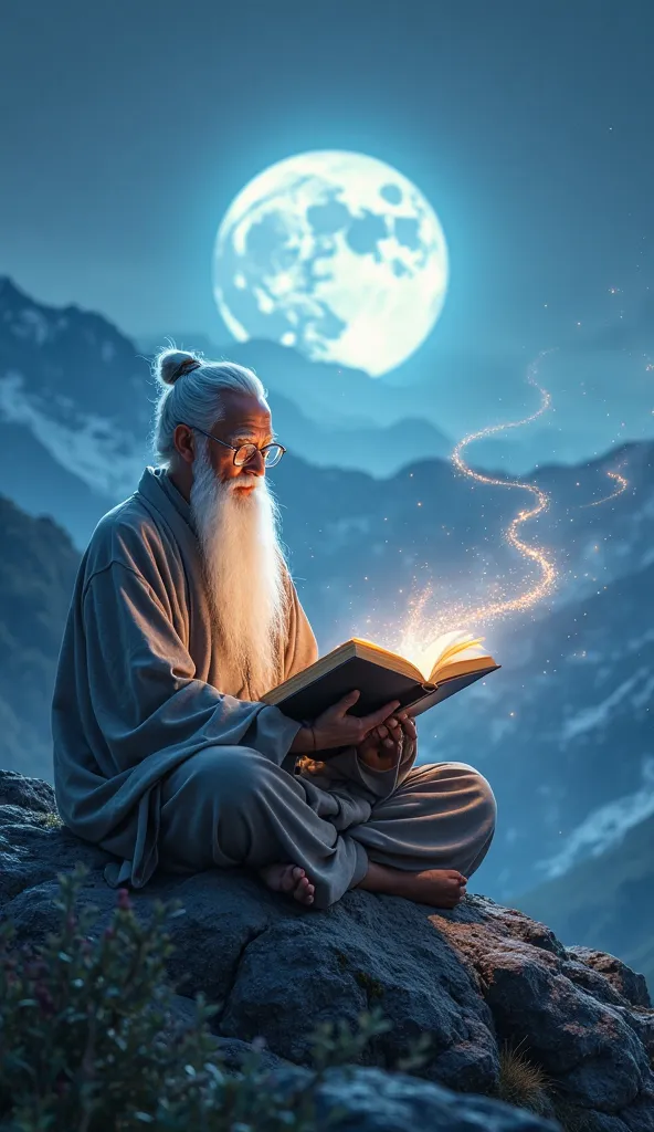 A wise sage with a long white beard and traditional ancient Chinese robes sits cross-legged on a rocky mountaintop, holding an open glowing book. His expression is calm and focused, radiating wisdom. A full moon shines brightly in the background, casting a...