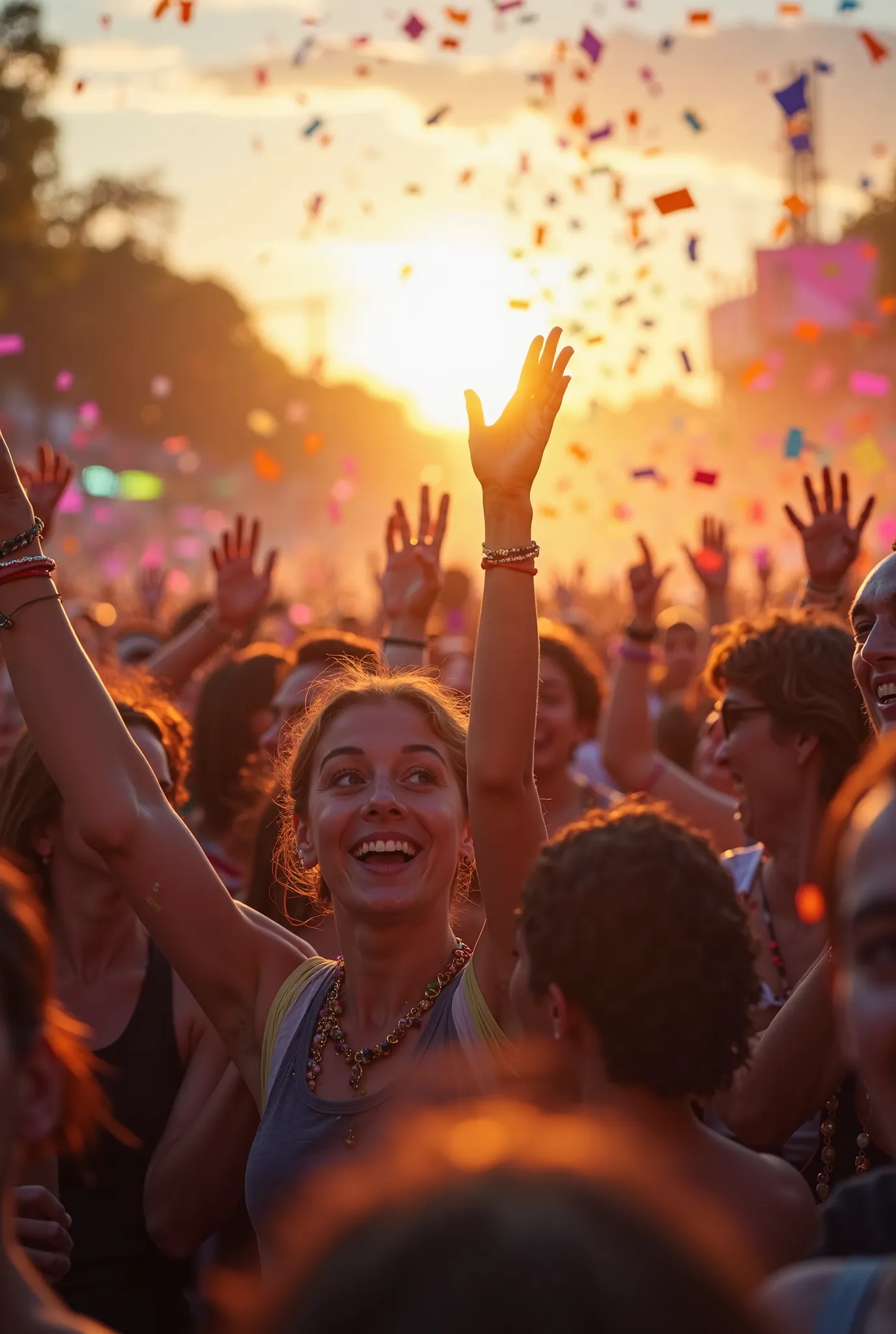 A vibrant and energetic crowd at an outdoor festival, with diverse people cheering, waving hands, and celebrating. The atmosphere is lively with bright lighting, colorful confetti in the air, and a warm golden sunset casting a glow over the scene. The focu...