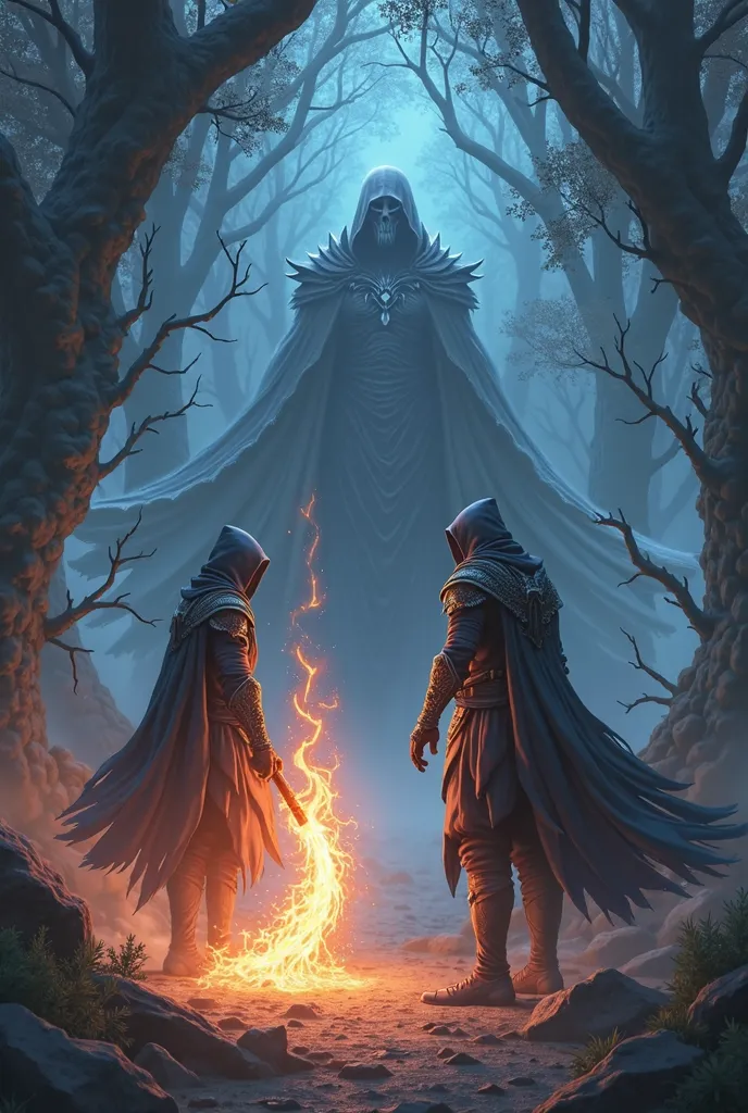 2 spirits one magician with a staff of fire, , the second assassin rose from the shadows in a spiteful aura with crooked armor, we will cover the dark forest with cobwebs, dark thick fog .Anime

 clean it up in front of a huge man