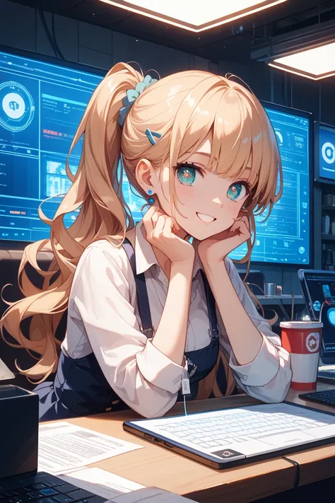 A cute anime-style girl with big sparkling eyes and long silky hair, wearing stylish business casual attire. She is sitting at a sleek modern desk with a high-end laptop displaying forex trading charts. Her expression is focused and confident, with a sligh...