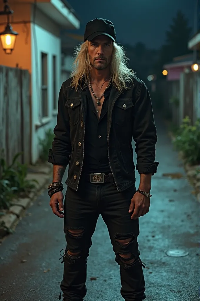 Ultra-realistic detailed 4k, white man long blond hair, with straight brim cap , dress in black, rocker , torn pants on the knee, And military boot, realistic photo standing on a suburban street with walls painted at night, Looking at the camera 