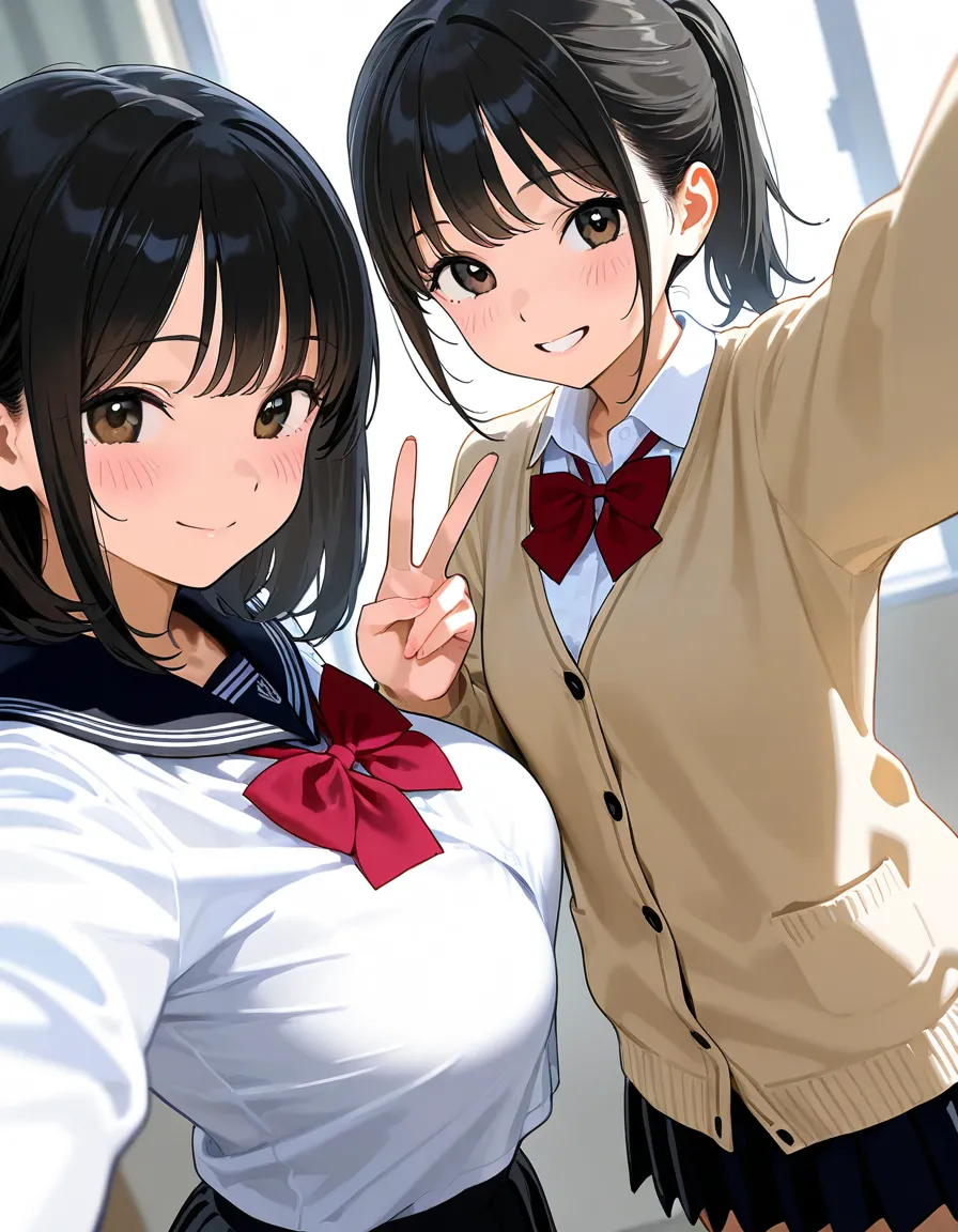  black hair, school uniform,beige cardigan,white shirt, Long Sleeve,black skirt, 2girls,  MULTI GIRLS ,big breasts,small breasts,ponytail for men, medium hair,Selfie,v sign,blush,smile,happy