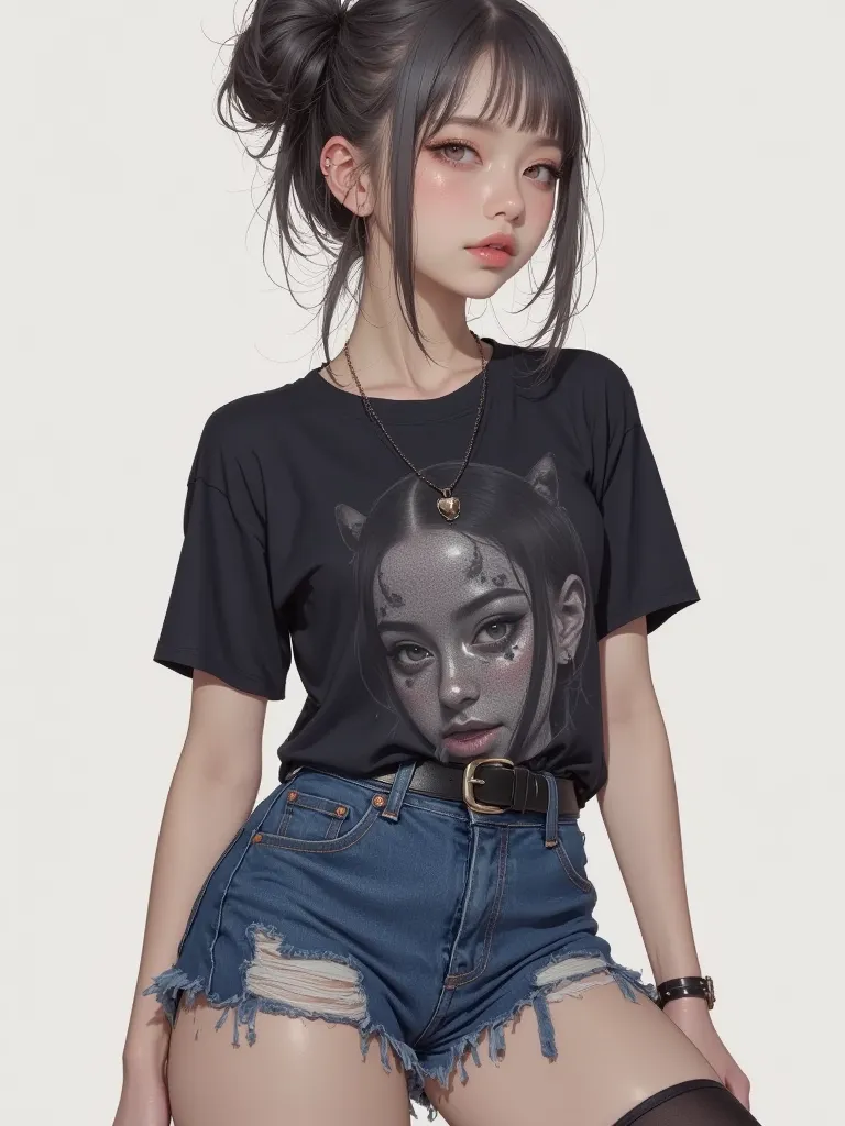  Japanese woman wearing a crunchy pop t-shirt、ripped denim hotpants、Smooth and dark image,    Anime Girl, 現実の  Anime Girl, Bopp Illustration、
(森🌳にて:1.5)、

big breasts、 thick thighs、provocative pose to turn your butt、  blue eyes,  dark makeup, dutch angle, ...