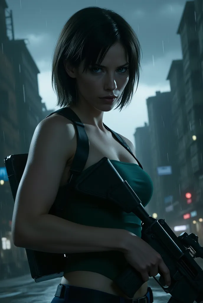 jill valentine, highly detailed portrait of jill valentine, resident evil character, female protagonist, dark hair, green eyes, tactical vest, assault rifle, combat pose, abandoned city street, ruined buildings, dark clouds, rain effects, moody lighting, c...