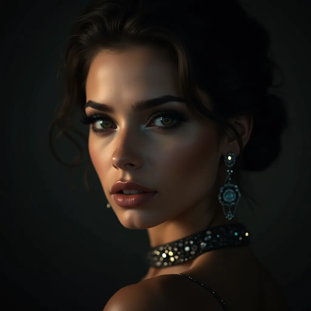 voksel effect, detailed close-up portrait, photorealistic, 8K, ultra-detailed, dramatic lighting, moody atmosphere, cinematic, highly polished skin, piercing eyes, sharp facial features, intense expression, dramatic makeup, elegant hairstyle, luxury fashio...