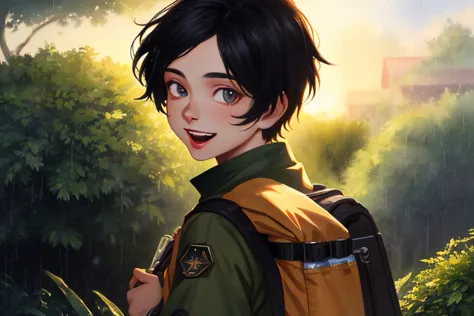 (((1 boy,  Asian boy))), ((black hair with short mush hair,  cute high school girl , 赤い頬, A trekking costume that is easy to move around in the image of a military uniform)), carrying a small khaki sack, opens his mouth and laughs brightly, The background ...