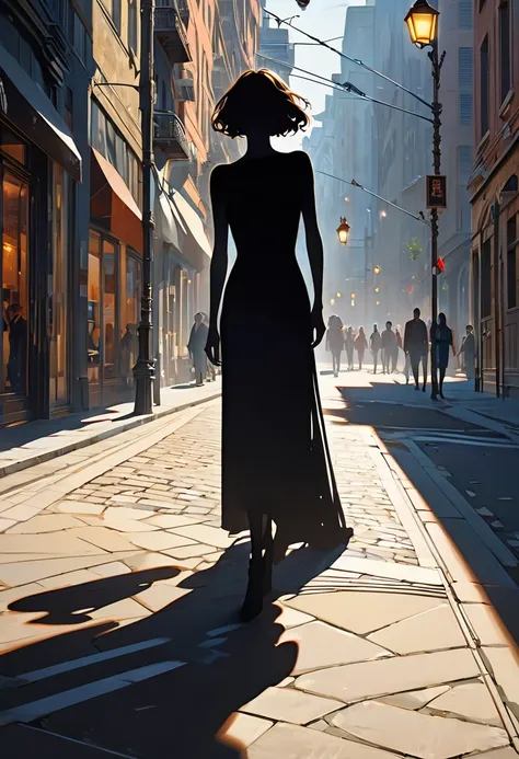 Create an abstract digital art piece that focuses on the interplay of light and shadow, The scene features a realistic streetlamp casting a bright sharp glow illuminating the silhouette of a lone individual standing nearby, The silhouette is lifelike and g...