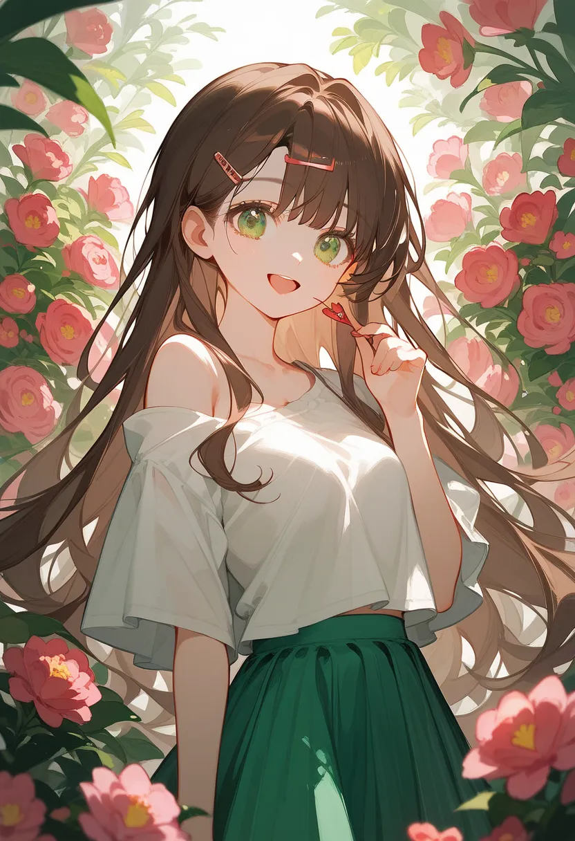 ((masterpiece, side light,  Fine and precise )),Happy Girl Wearing Loose Shirt，Bangs，hairpin， skirt,  Brown hair ， green eyes, Emerald Eyes，long hair，Whiteskirt,【,Japanese, Exquisite Face, Happy expression ，Slightly Off Shoulder,(Hairclip Decoration)，ribbo...