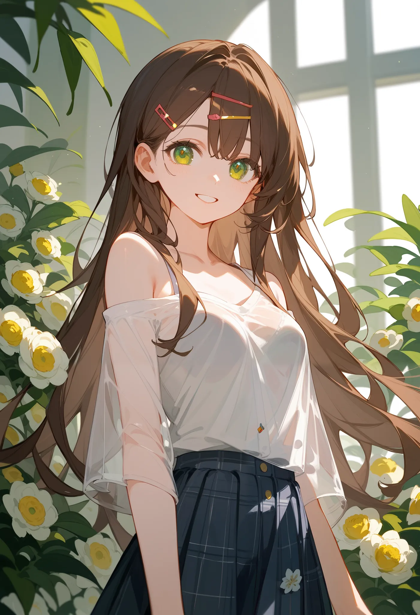 ((masterpiece, side light,  Fine and precise )),Happy Girl Wearing Loose Shirt，Bangs，hairpin， skirt,  Brown hair ， green eyes,  Emerald Eyes，long hair，白色skirt,【,Japanese, Exquisite Face, Happy expression ，Slightly Off Shoulder,Translucent Skin，(Hairclip De...