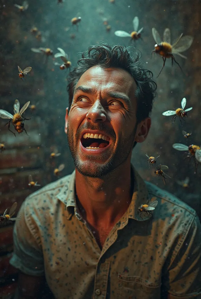 Man trying not to laugh while watching TV. Around you, Lots of flies