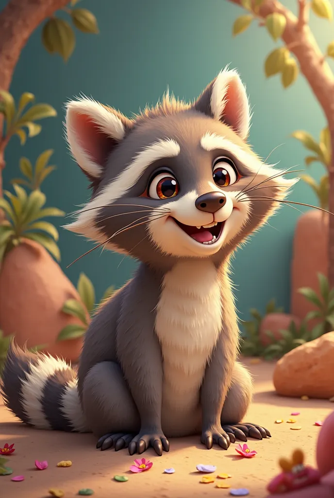  raccoon cutie smiles sitting in cartoon pixar style hand-drawn two-dimensional 2d 