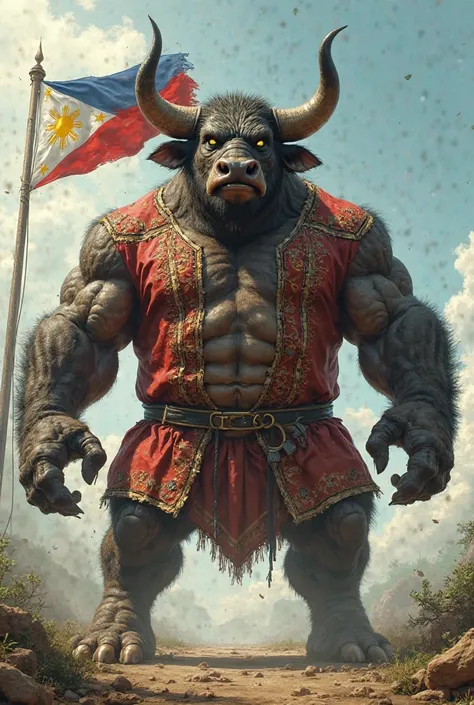 a menacing carabao with a man body wearing a barong  representing Philippines with a Philippine flag in a pole in the background