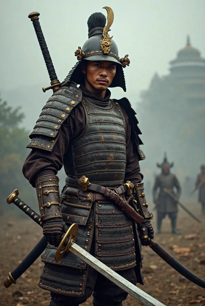 Prompt: "A fierce Historical cambodian soldier wearing traditional armor, standing confidently while holding a gleaming samurai sword. The soldier has an intense expression on their face, with the background featuring a misty, ancient battlefield and holdi...