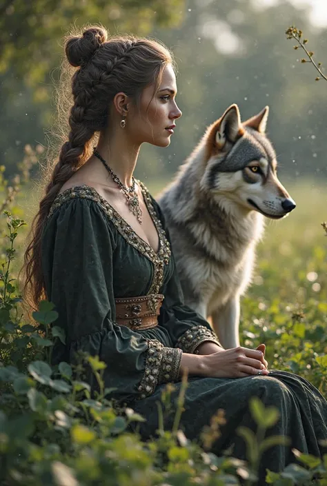 Photorealistic image of a woman with her hair tied with a medieval style, sitting in an ivy meadow in profile with gray and white wolf in profile 
Profile to the left with wolf on its right always in profile  