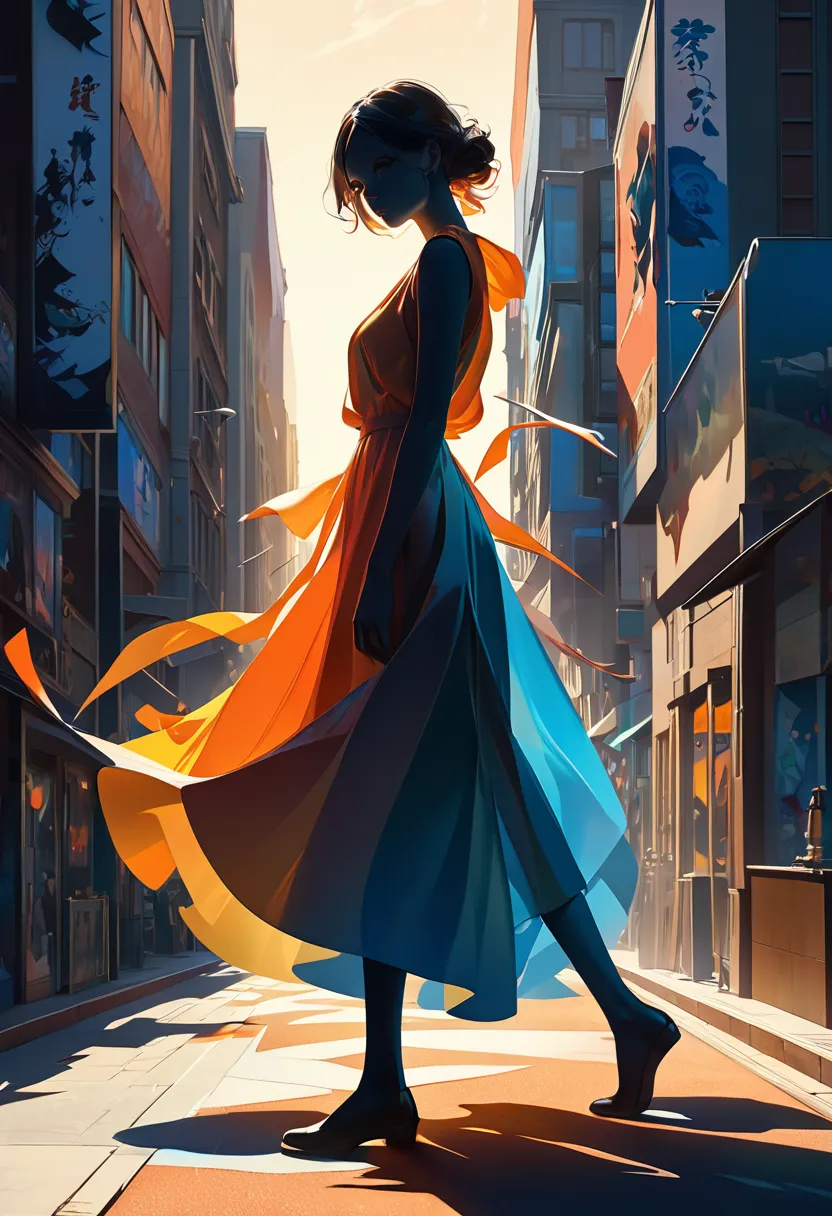 Create an abstract digital art piece that focuses on the interplay of light and shadow, The scene features a realistic streetlamp casting a bright sharp glow illuminating the silhouette of a lone individual standing nearby, The silhouette is lifelike and g...