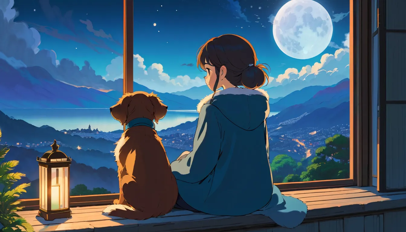 The style of Ghibli animation，The night sky appears deep and calm，The clouds are very thick，moonlight shines through a gap in the clouds， looked soft and warm 。a girl，Sitting by the window，There is a cute puppy next to it，His eyes gaze into the distance，Th...