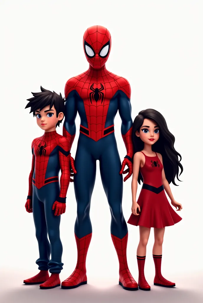 YES BUT THE SECOND IMAGE OF SPIDERMAN PUT HIM IN THE MIDDLE OF THE SUPERHERO GIRL AND SUPERHERO BOY BUT MAKE THE BACKGROUND COMPLETELY WHITE UNDERSTAND? BUT MAKE THE SPIDERMAN LIKE S YOUNGER AND MAKE THE GIRL AND BOY HAVE BLACK HAIR AND THE SPIDERMAN IN TH...