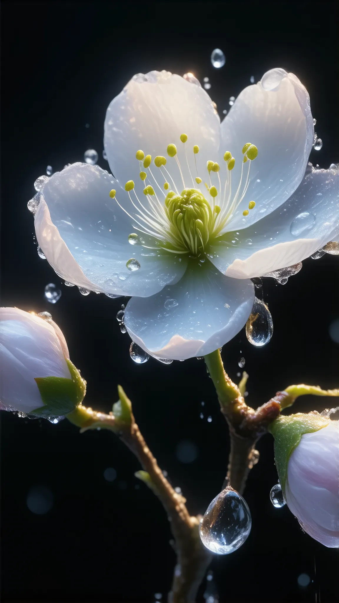 highest quality、Delicate plum blossoms、Large Single Flower ,  when my chest  ,  Sacred Light  ,  Beautiful Spectrum  , Petals Shine, Blink, black background、Jet black background, Transparent light drops,  reverse exchange,  bright , light streaming in, Opt...