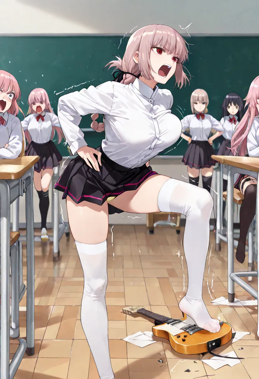 wholebody, score_9, score_8_up, score_7_up, source_anime, florence nightingale, pink hair, long hair, red eyes, hair braid, sidelocks, folded ponytail, single braid, braid, braided ponytail,white shirts,breaking the guitar on the floor,((thighhigh socks, l...