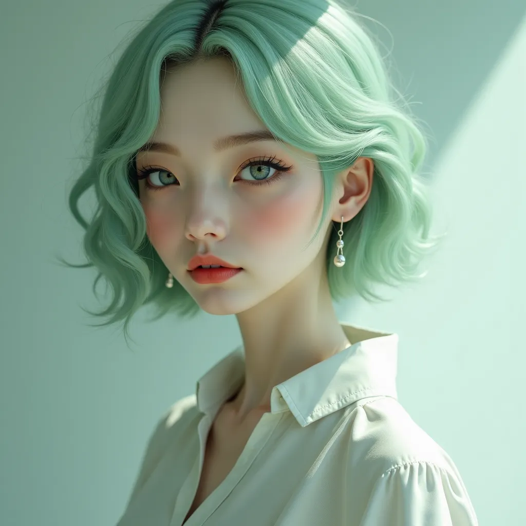 woman　Green Hair（Pale green ）Gray Eye（Thin）　blouse