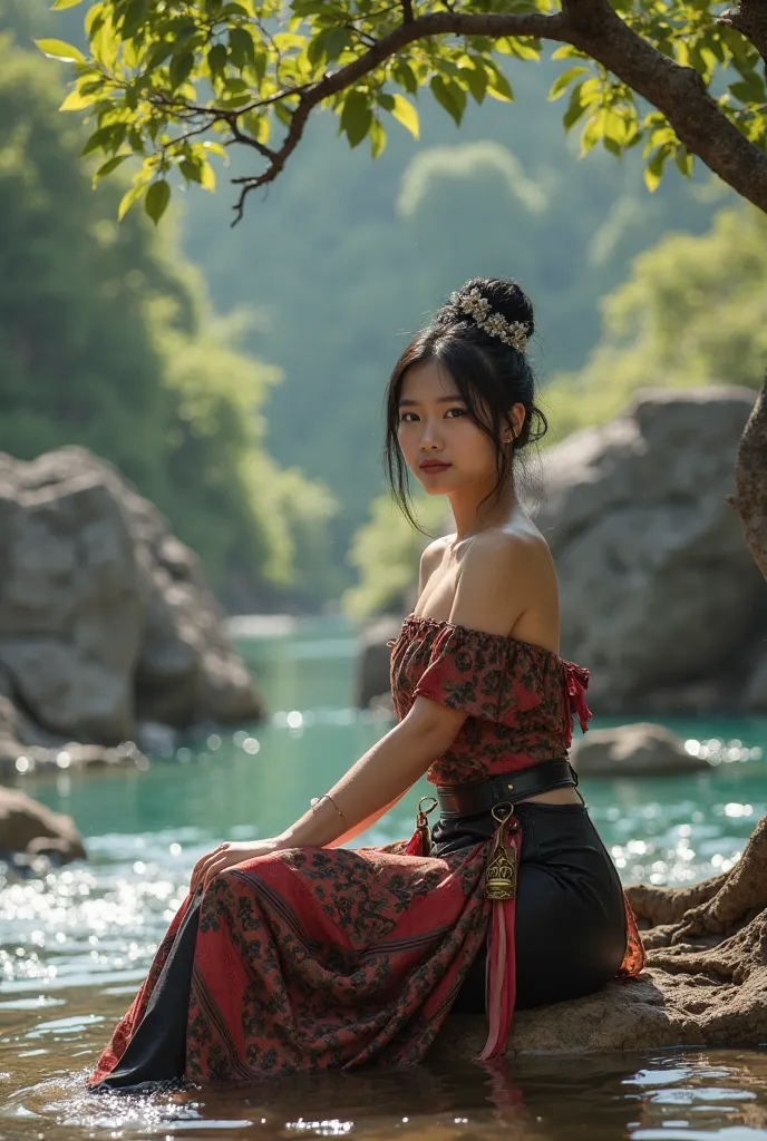 Shades of a romantic natural rocky Warm Water pool,and waterfall ,front view,A Sundanese Woman Knight, Young and Beautiful , Black hair Elegant ,In a classic vintage-style bun,with elegant silver flower decoration,ideal perfect body,ideal beautiful solid c...