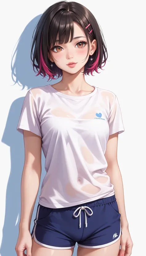 A highly detailed anime-style illustration of a age girl with straight, silky black hair styled in a short bob with soft layers, featuring natural highlights. She has large, expressive dark brown eyes with a slight sparkle, a delicate nose, and soft pink l...