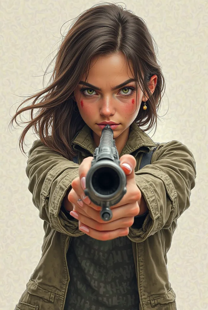 Cartoon woman , realistic ,  Looking straight, schmurilp eyebrows, holds a shotgun in his hands and aims directly at the author