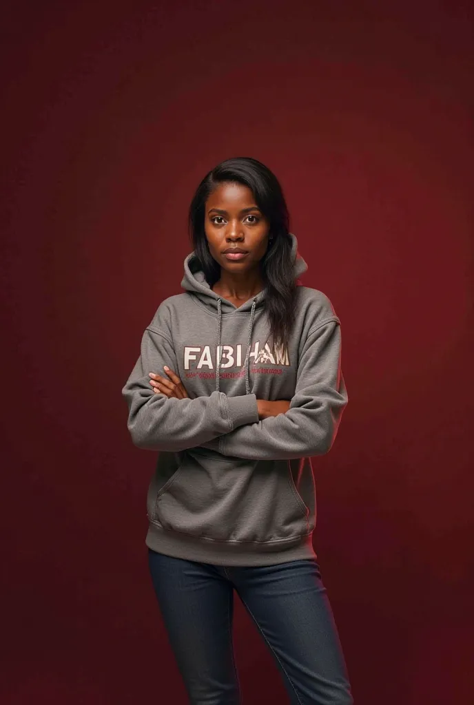 Generate a realistic image of a black African young lady of about 22 years old, standing with an inscription that says, "Fabian Telecoms". She will be wearing a hoodie and the background plain maroon.