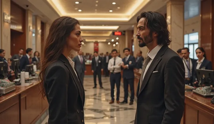 A shocked expression on Vanessa’s face as she finally recognizes Keanu Reeves. Other bank employees whisper amongst themselves, their faces showing surprise and concern.
